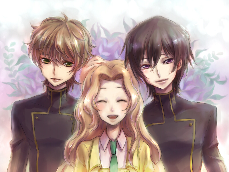 isumimax, kururugi suzaku, lelouch vi britannia, nunnally vi britannia, code geass, 00s, 1girl, 2boys, brown hair, closed eyes, long hair, multiple boys, school uniform, short hair
