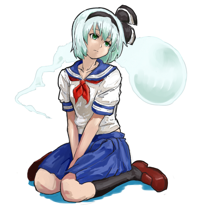 shibasaki shouji, konpaku youmu, konpaku youmu (ghost), touhou, silver hair, bad id, bad pixiv id, 1girl, alternate costume, female focus, ghost, green eyes, hairband, kneehighs, loafers, school uniform, serafuku, shoes, short hair, simple background, sitting, socks, solo, v arms, wariza