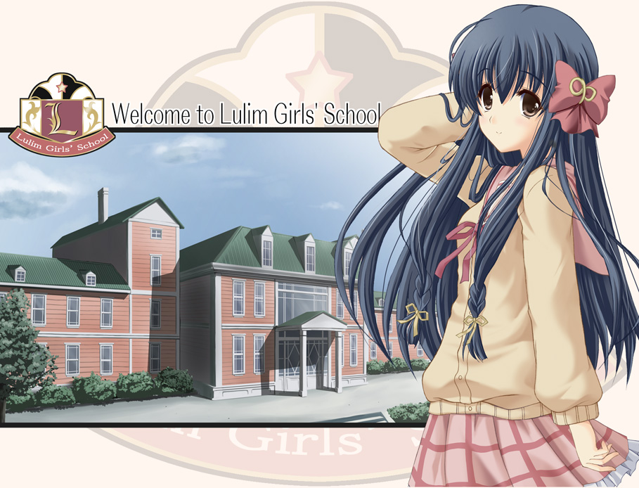 chisato (missing park), minamoto chikaru, strawberry panic!, 00s, 1girl, blue hair, bow, brown eyes, building, female focus, hair bow, long hair, outdoors, school uniform, skirt, sky, solo