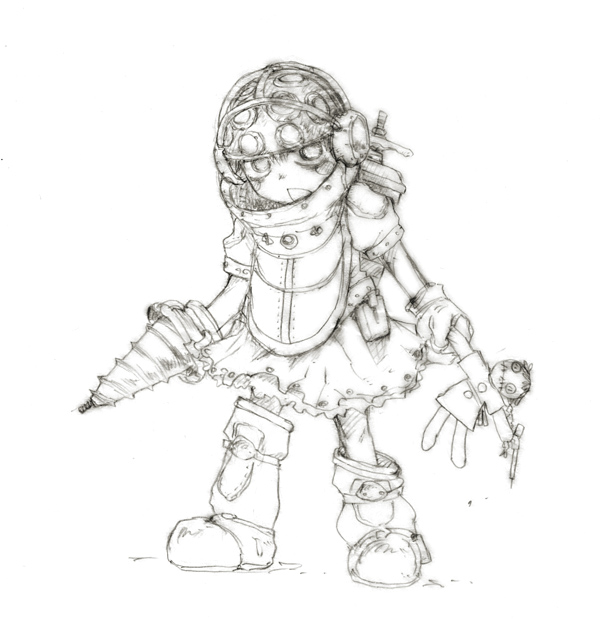 kikai (akita morgue), big daddy (bioshock), bioshock, bioshock (series), bioshock 1, 1girl, boots, character doll, cosplay, doll, drill, female focus, greyscale, monochrome, solo