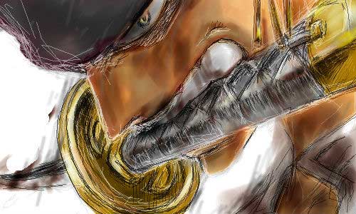 roronoa zoro, one piece, lowres, 1boy, bandana, earrings, epic, jewelry, male focus, mouth hold, sketch, solo, sword, wado ichimonji, weapon, white background