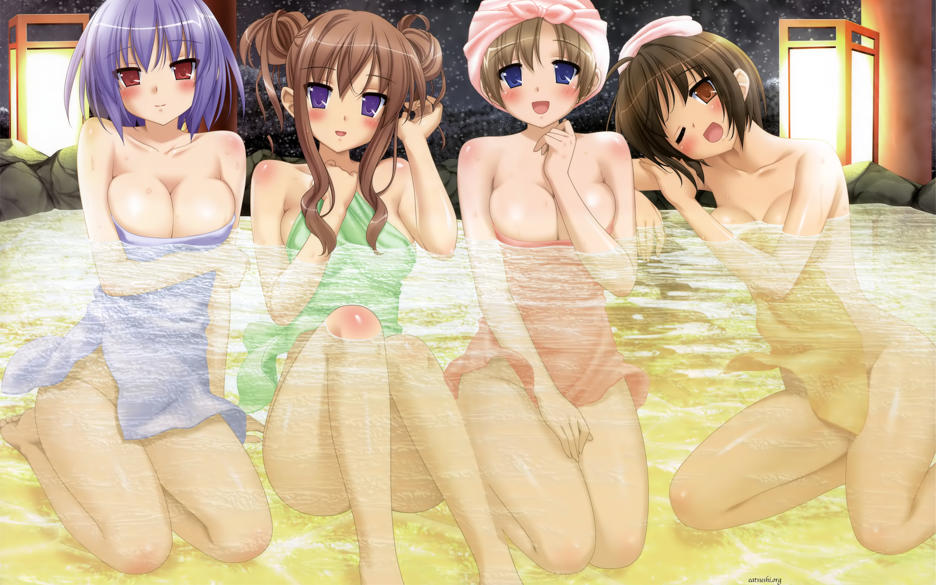 kani biimu, kinoshita tomomi, matsushima koyuki, nakahara asami, yoshioka saeko, konayuki fururi, cropped, highres, 4girls, blue eyes, blush, breasts, brown hair, cleavage, kneeling, large breasts, legs, medium breasts, multiple girls, one eye closed, onsen, orange eyes, purple eyes, purple hair, red eyes, teasing, towel, water, wink