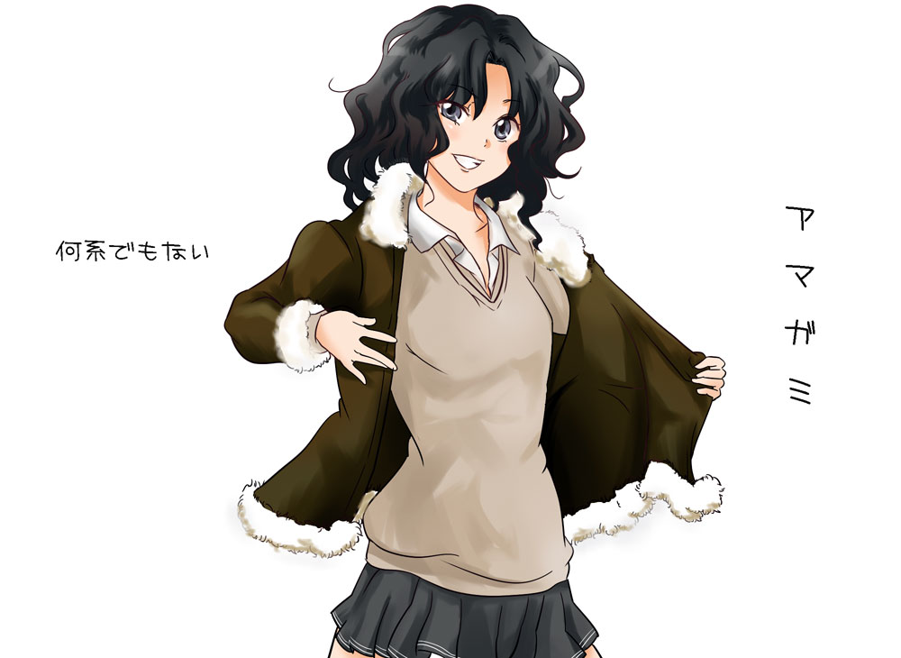 sakayama shinta, tanamachi kaoru, amagami, black hair, jacket, messy hair, open collar, pleated skirt, school uniform, skirt, solo, sweater