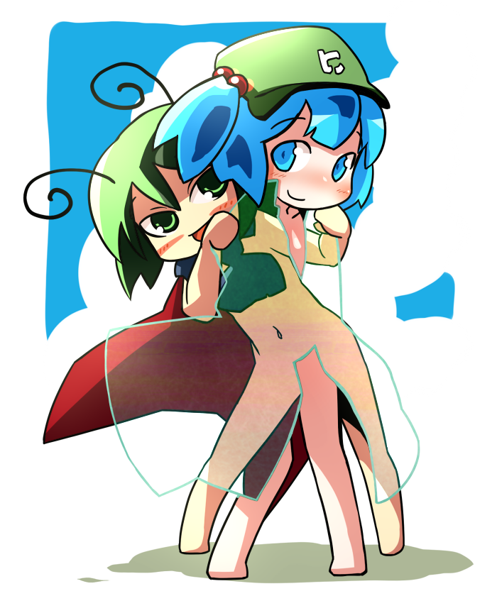 ugif, kawashiro nitori, wriggle nightbug, touhou, 2girls, antennae, barefoot, camouflage, censored, chibi, convenient censoring, female focus, hat, multiple girls, nude, two side up