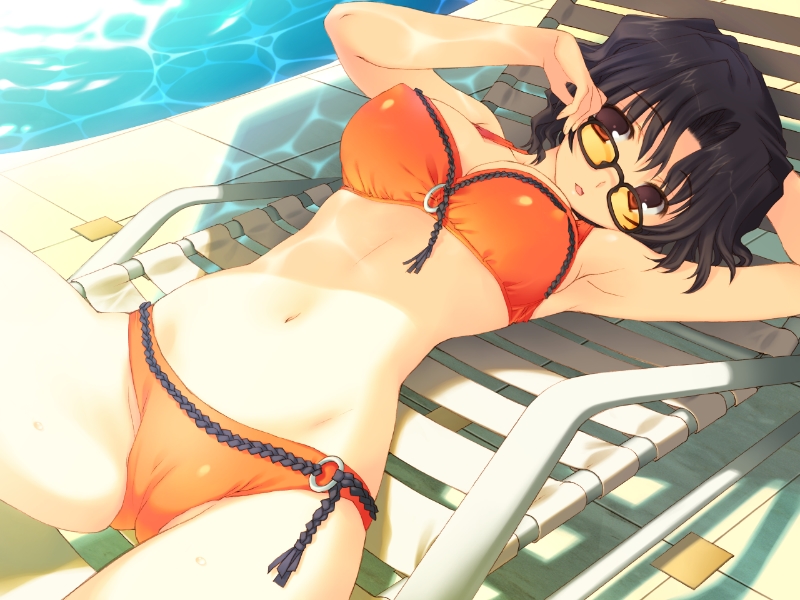 mitsumi misato, yuzuhara haruka, to heart (series), to heart 2, to heart 2 ad, game cg, 00s, 1girl, adjusting eyewear, armpits, bikini, black hair, breasts, cameltoe, caustics, chair, female focus, glasses, large breasts, looking at viewer, lounge chair, lying, mature female, messy hair, on back, orange bikini, parted lips, pool, red eyes, short hair, solo, swimsuit