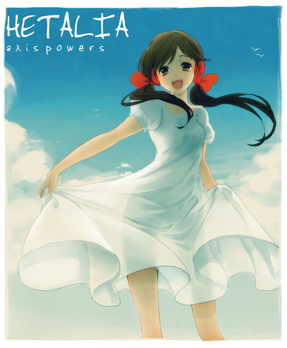 etomai, seychelles (hetalia), axis powers hetalia, bad id, bad pixiv id, highres, 00s, 1girl, brown hair, clothes lift, cloud, day, dress, dress lift, female focus, green eyes, hair ornament, hair ribbon, happy, ribbon, see-through clothes, see-through silhouette, sky, smile, solo, sundress, tan, twintails