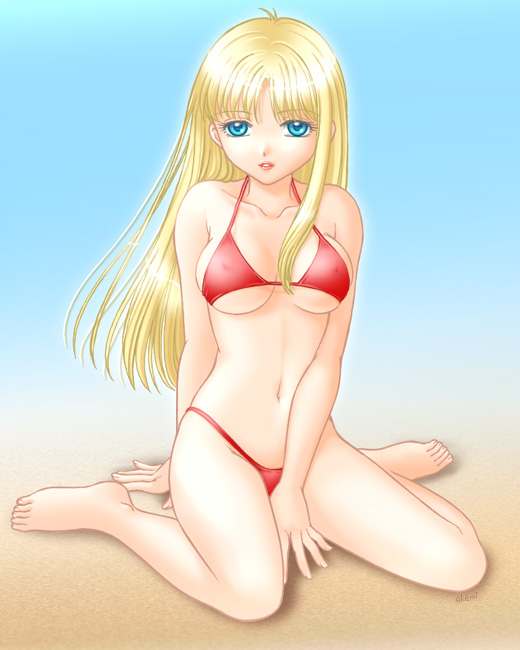 akemi (artist), akemi (crusher), alfin, crusher joe, 1girl, barefoot, bikini, blonde hair, blue eyes, female focus, kneeling, long hair, red bikini, sand, solo, swimsuit