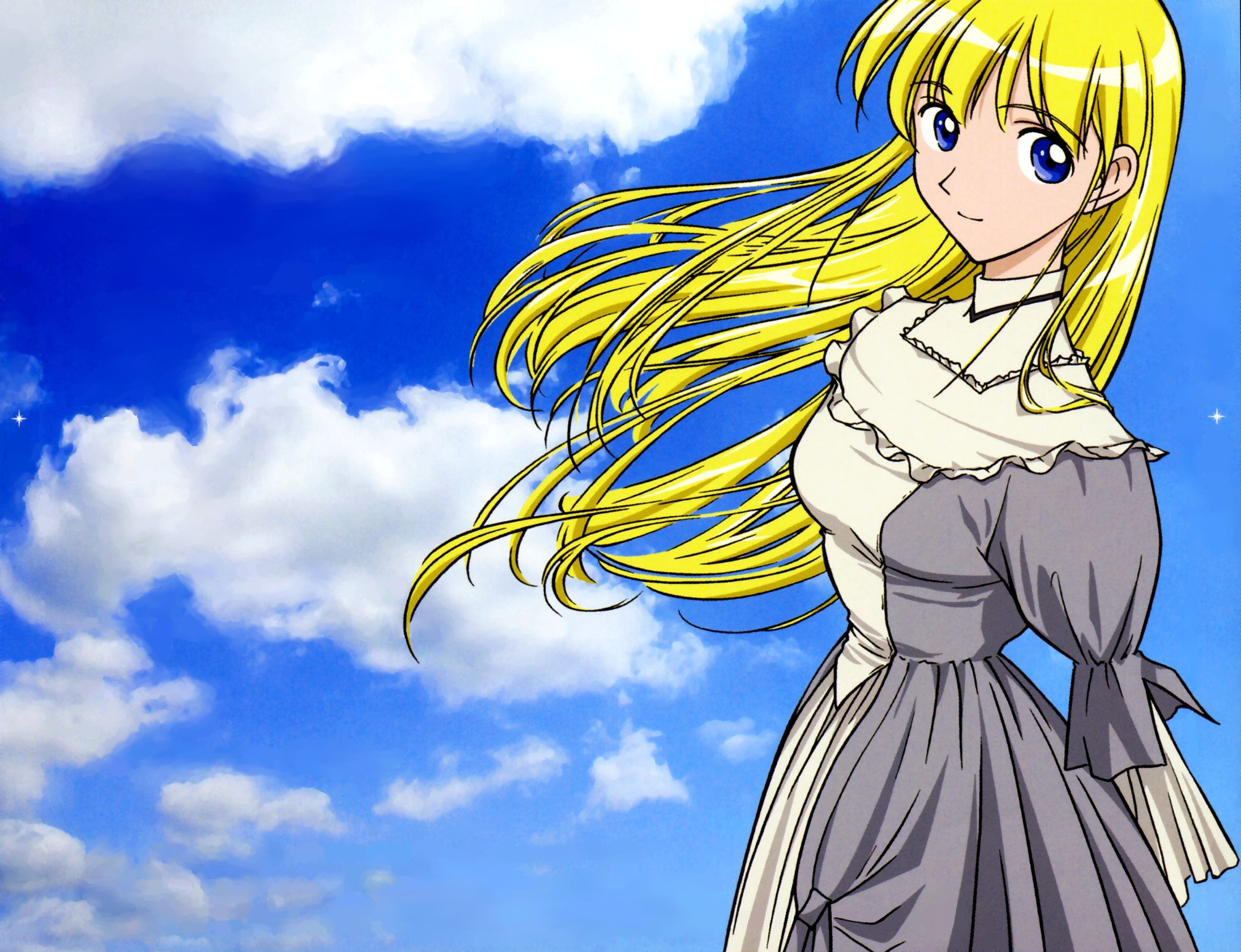 cosette (les miserables), cosette tholomyes, les miserables, les miserables shoujo cosette, nippon animation, world masterpiece theater, highres, 00s, 1girl, blonde hair, blue eyes, blue sky, cloud, dress, female focus, long hair, looking at viewer, sky, smile, solo