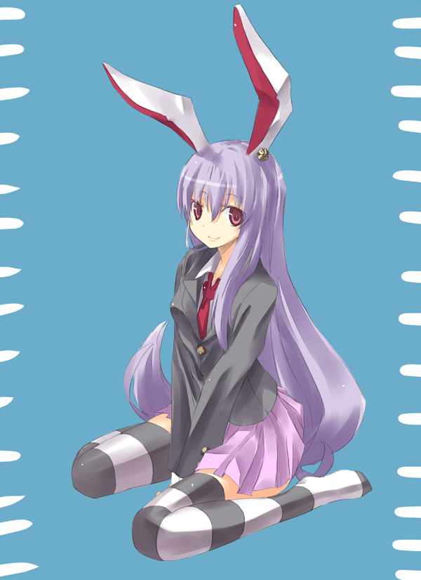 nabeshima tetsuhiro, reisen udongein inaba, touhou, 1girl, animal ears, blazer, female focus, jacket, long hair, looking at viewer, necktie, purple hair, rabbit ears, red eyes, red necktie, simple background, skirt, smile, solo, striped clothes, striped thighhighs, thighhighs, v arms, zettai ryouiki