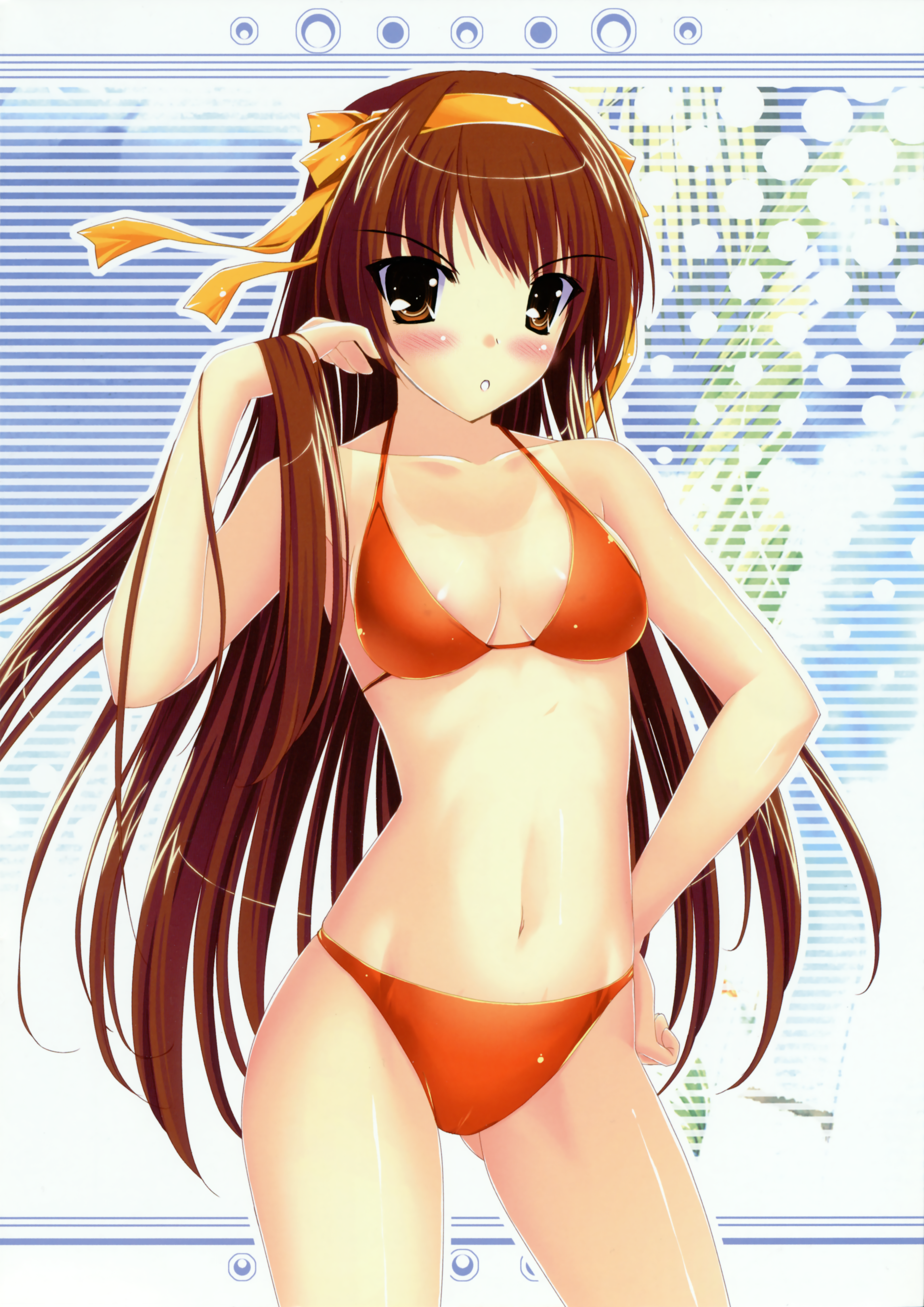 yuki usagi, suzumiya haruhi, suzumiya haruhi no yuuutsu, absurdres, highres, >:o, 00s, 1girl, :o, bikini, blush, breasts, brown eyes, brown hair, cleavage, female focus, hair ribbon, hand in own hair, hand on own hip, long hair, looking at viewer, navel, one-piece tan, orange bikini, ribbon, shiny skin, solo, standing, striped background, swimsuit, tan, tanline, tucking hair, v-shaped eyebrows, very long hair