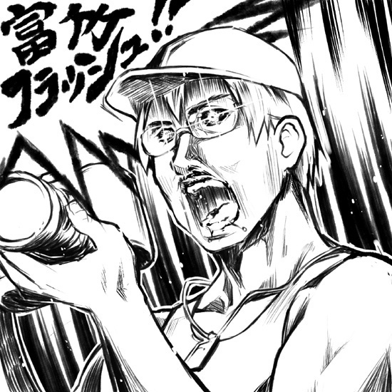 eretto, tomitake jirou, higurashi no naku koro ni, 00s, 1boy, camera, glasses, greyscale, hat, jewelry, male focus, monochrome, necklace, open mouth, solo, upper body