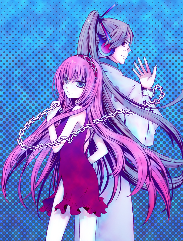 hirako, kamui gakupo, megurine luka, vocaloid, bad id, bad pixiv id, bare shoulders, blue eyes, brown hair, chain, cuffs, dress, headband, headphones, long hair, looking back, pink hair, side slit, smirk