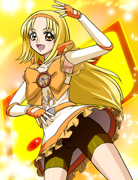 haruyama kazunori, jidoushazei wo osametai, 1girl, armpits, belt, bike shorts, blonde hair, bow, brown eyes, dress, female focus, fingerless gloves, frills, gloves, hairband, long hair, magical girl, solo, sparkle, steering wheel, upskirt, very long hair, yellow eyes
