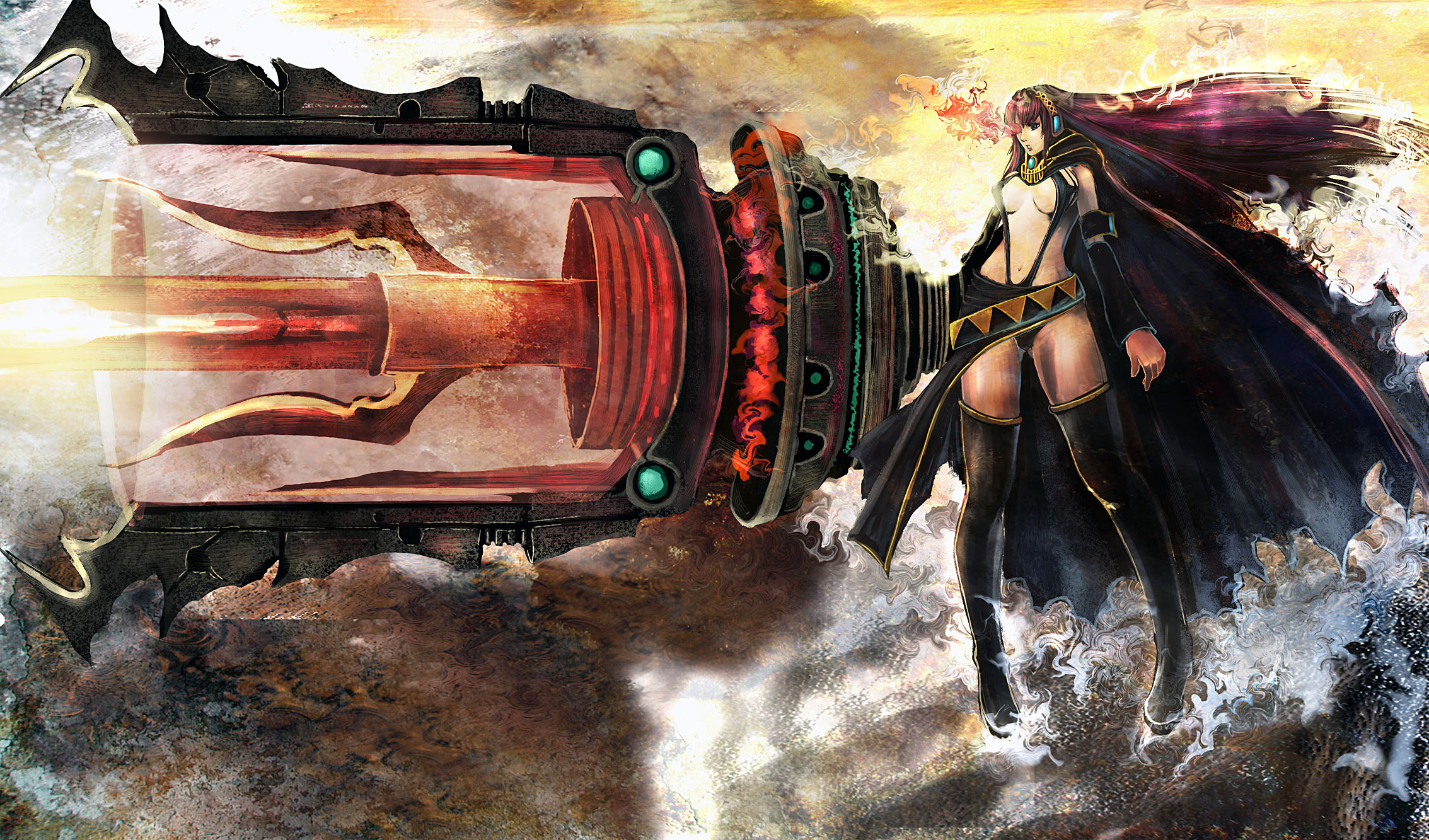 bccp, megurine luka, black rock shooter, vocaloid, highres, 1girl, black rock shooter (cosplay), blue eyes, breasts, cape, cosplay, female focus, glowing, glowing eye, glowing eyes, gun, headphones, huge weapon, large breasts, long hair, midriff, navel, pink hair, solo, thighhighs, weapon