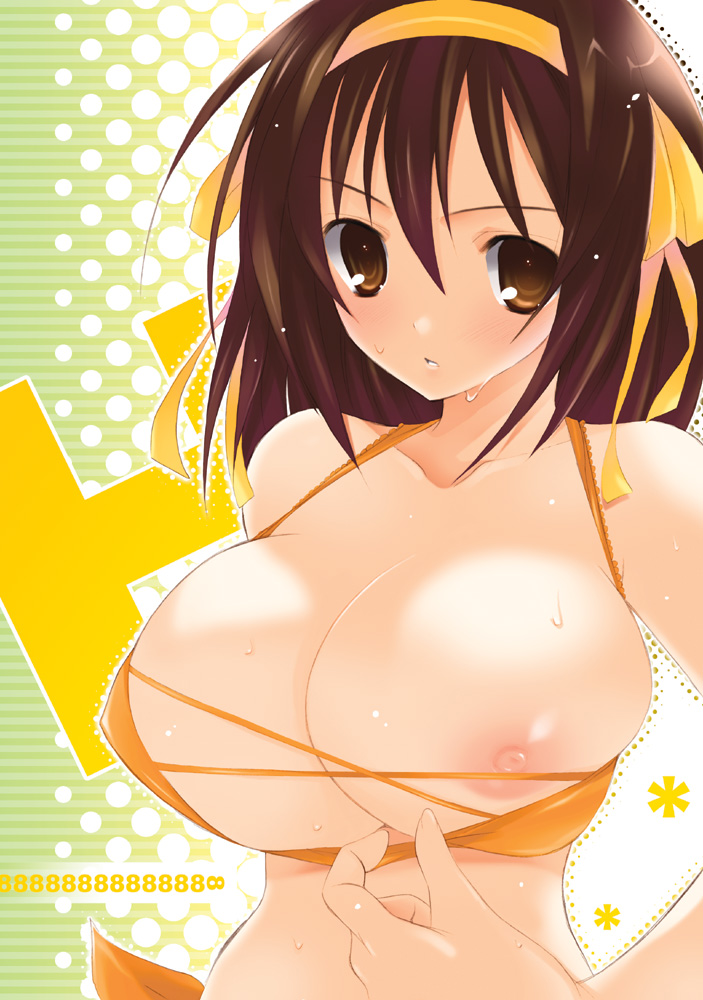 mitsuki tsumi, suzumiya haruhi, suzumiya haruhi no yuuutsu, bad id, bad pixiv id, 00s, 1girl, alternate breast size (larger), bare shoulders, bikini, breasts, brown eyes, brown hair, bursting breasts, covered erect nipples, female focus, hairband, huge breasts, large breasts, nipple slip, nipples, orange bikini, solo, swimsuit, wardrobe malfunction, wet