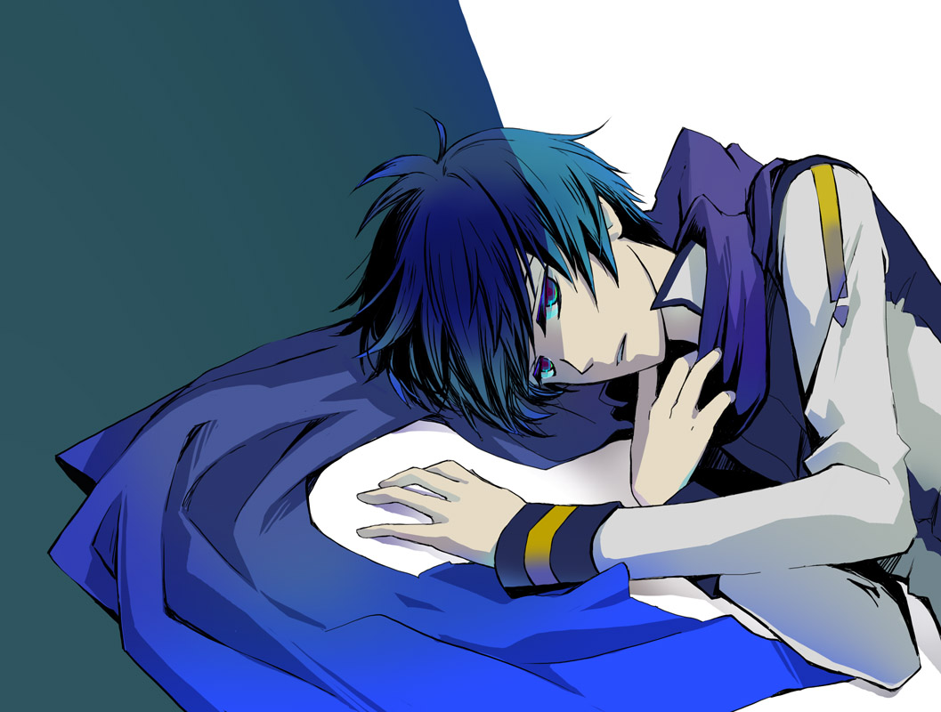 topeko, kaito (vocaloid), vocaloid, bad id, bad pixiv id, 1boy, blue eyes, blue hair, blue scarf, lying, male focus, matching hair/eyes, on side, scarf, solo