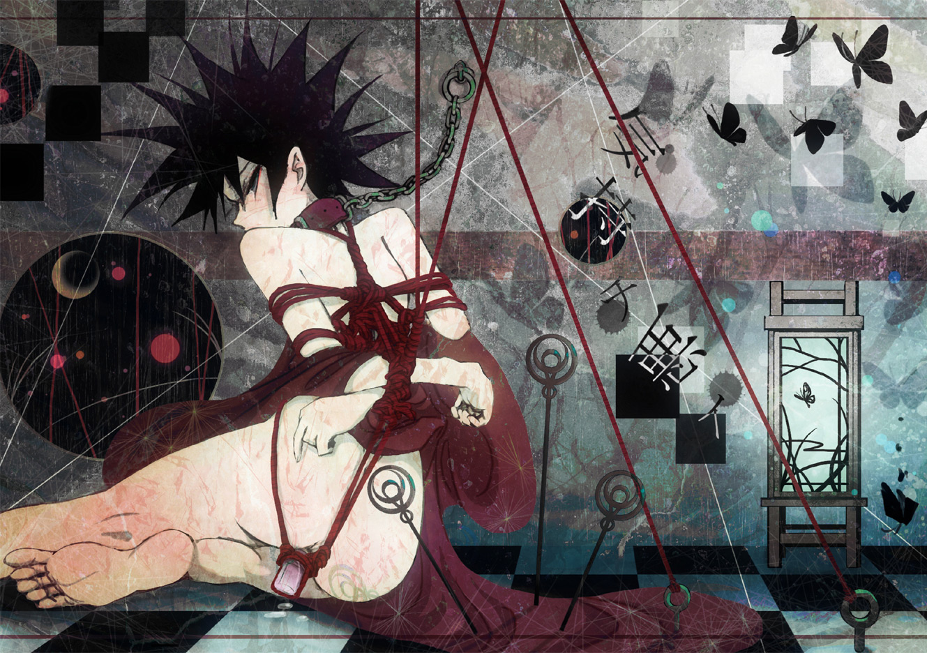 funakura, original, 1girl, abstract, androgynous, bare shoulders, barefoot, bdsm, black hair, bondage, bound, bug, butterfly, collar, feet, female focus, insect, looking back, no panties, object insertion, rope, shibari, short hair, slave, solo, spiked hair