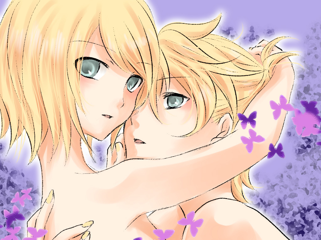 yayoi (egoistic realism), kagamine len, kagamine rin, vocaloid, bad id, bad pixiv id, 1boy, 1girl, aqua eyes, blonde hair, brother and sister, bug, butterfly, hetero, incest, short hair, siblings, twincest, twins