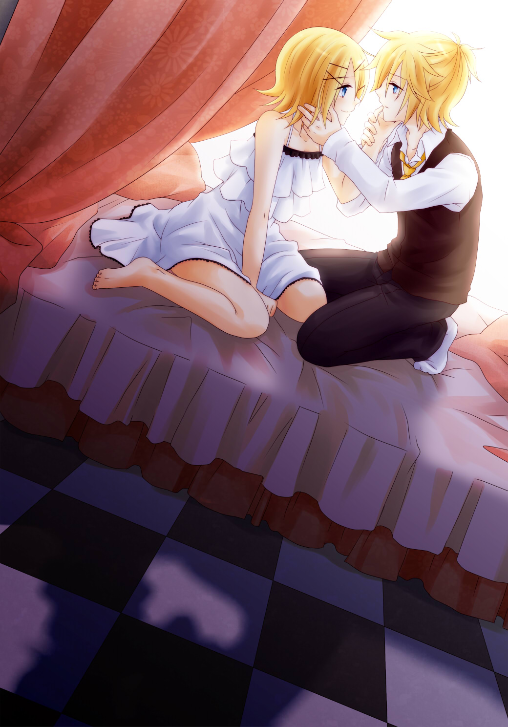 ryou (pixiv247657), suzumi (fallxalice), kagamine len, kagamine rin, cendrillon (vocaloid), vocaloid, bad id, bad pixiv id, highres, 1boy, 1girl, barefoot, bed, blonde hair, blue eyes, brother and sister, dress, hair ornament, hairclip, kneeling, necktie, short hair, siblings, skirt, smile, twins, white dress, white skirt