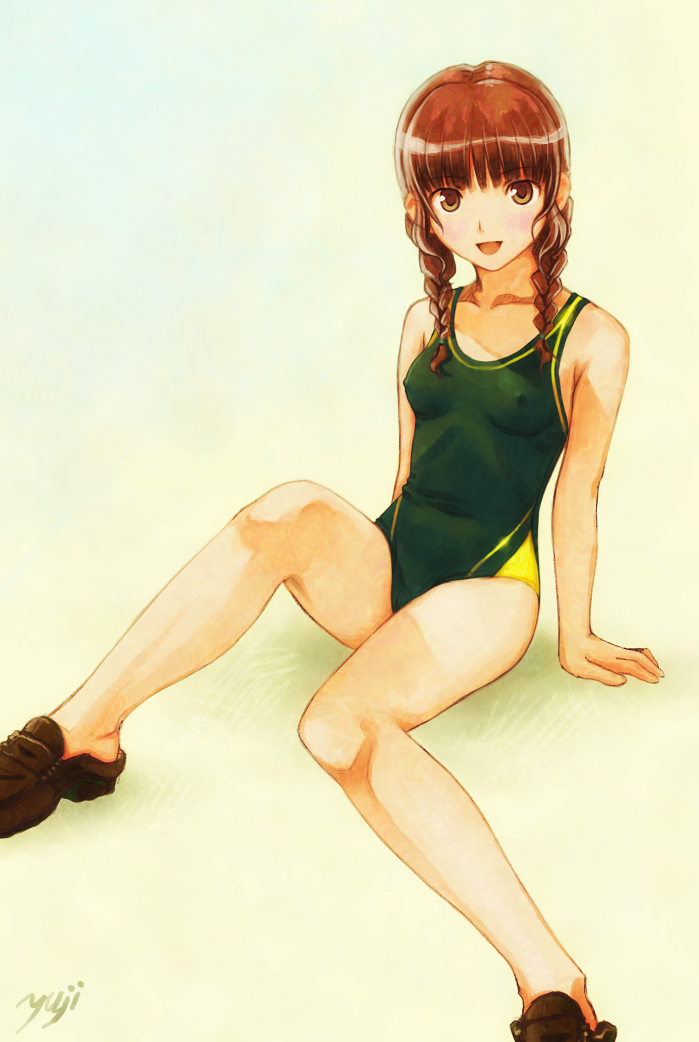 kobayashi yuji, mizusawa mao, kimi kiss, highres, 1girl, :d, artist name, bare legs, blush, braid, breasts, brown eyes, brown hair, cameltoe, covered erect nipples, female focus, green one-piece swimsuit, legs, no socks, one-piece swimsuit, open mouth, school swimsuit, shoes, sitting, smile, solo, swimsuit, twin braids