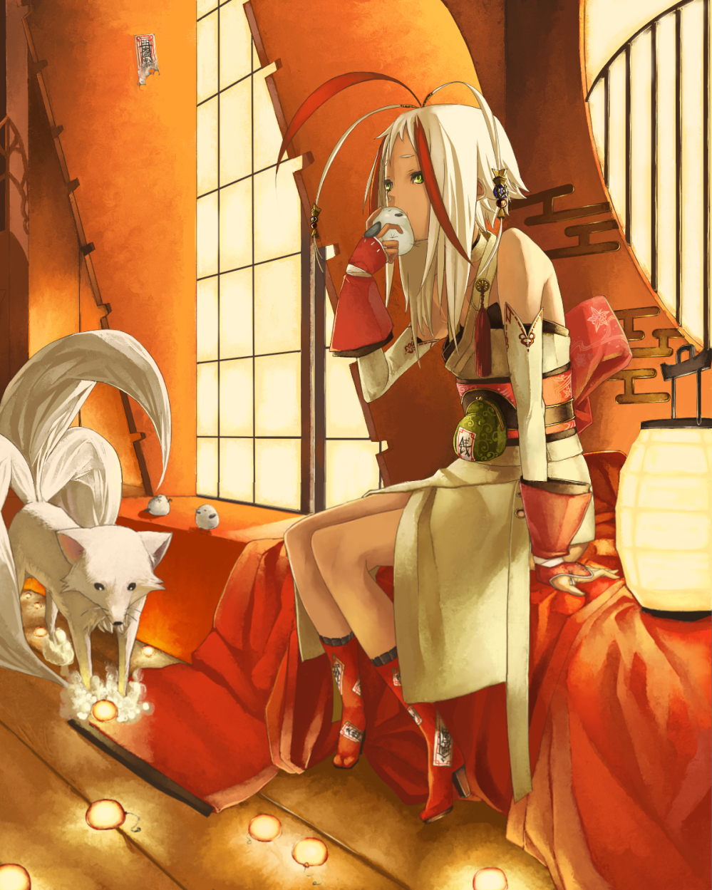 npa (sirokurokuma), pixiv fantasia, pixiv fantasia 3, bad id, bad pixiv id, gender request, highres, ahoge, akatsuhara empire, androgynous, animal, bare shoulders, bird, boots, detached sleeves, fingerless gloves, fox, gloves, green eyes, hair ornament, high heels, kiss, kissing animal, lantern, long hair, multicolored hair, multiple tails, ofuda, shoes, short hair, sitting, solo, tail, white hair, yellow eyes