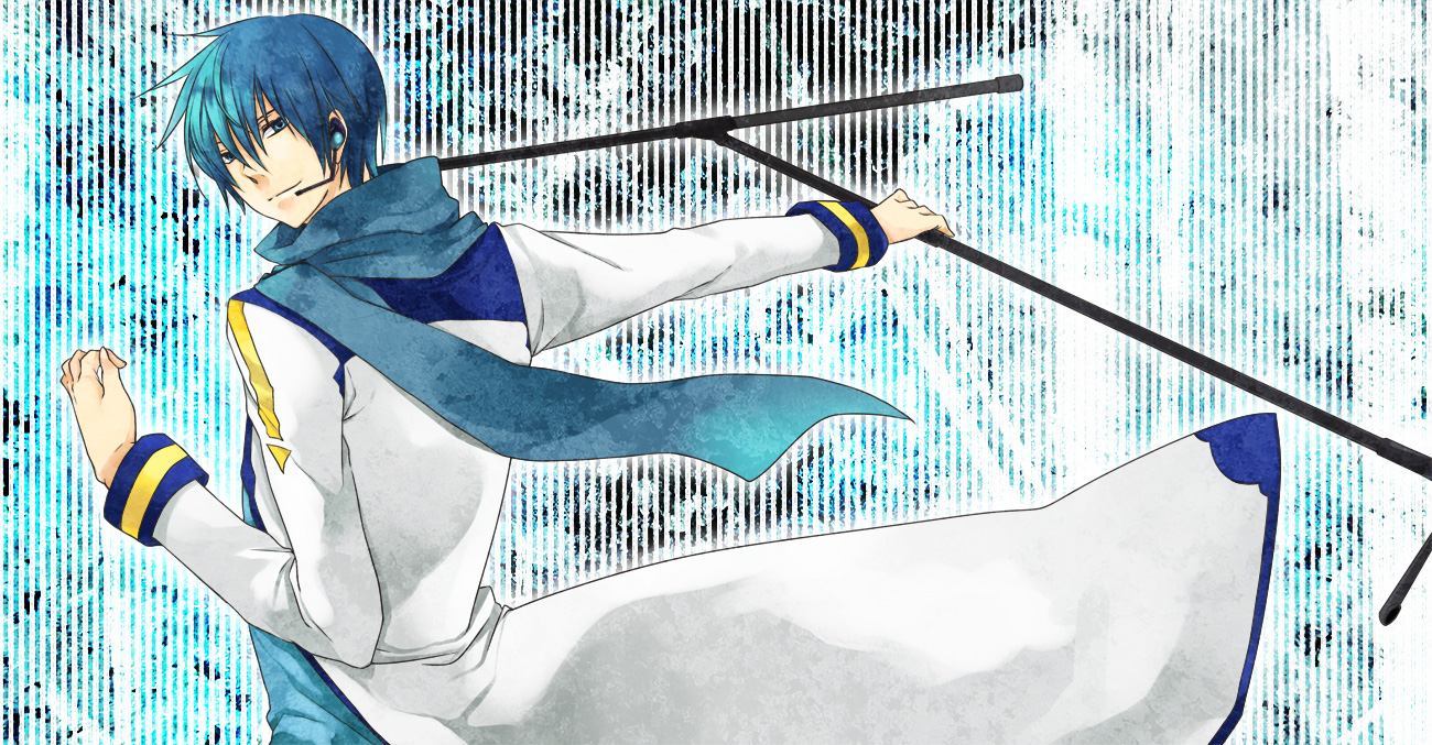 takatori akira, kaito (vocaloid), vocaloid, bad id, bad pixiv id, 1boy, blue eyes, blue hair, headphones, headset, looking back, male focus, matching hair/eyes, microphone, microphone stand, short hair, skirt, smile, solo