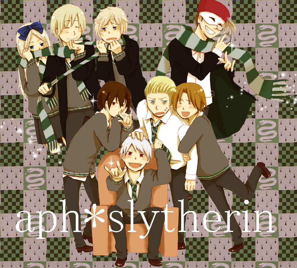 johnson (wassyoi), wassyoi-wattyoi, belarus (hetalia), germany (hetalia), japan (hetalia), latvia (hetalia), northern italy (hetalia), prussia (hetalia), russia (hetalia), turkey (hetalia), axis powers hetalia, harry potter (series), wizarding world, bad id, bad pixiv id, 1girl, 6+boys, chair, cloak, couch, fez hat, hair ribbon, hat, mask, multiple boys, necktie, parody, ribbon, scarf, school uniform, shared clothes, shared scarf, slytherin, snake, striped clothes, striped scarf, sweater