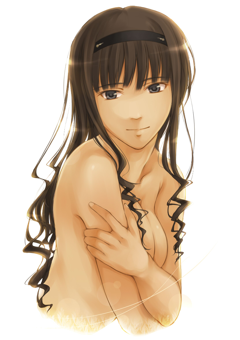 suda (yuunagi enikki), morishima haruka, amagami, breast hold, bad id, bad pixiv id, 1girl, breasts, brown hair, completely nude, covering breasts, covering privates, female focus, hairband, nude, nude cover, solo