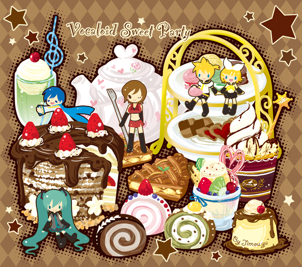 jimou.yu, hatsune miku, kagamine len, kagamine rin, kaito (vocaloid), meiko (vocaloid), vocaloid, 2boys, 3girls, aqua eyes, aqua hair, banana, banana slice, blonde hair, blue eyes, blue hair, brown hair, cake, checkerboard cookie, cherry, chibi, cookie, food, fork, fruit, hair ornament, hair ribbon, hairclip, ice cream, kiwi (fruit), long hair, macaron, multiple boys, multiple girls, one eye closed, parfait, pastry, pie, ribbon, short hair, smile, strawberry, tea, tiered tray, twintails, wink