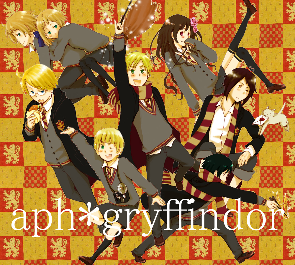 johnson (wassyoi), wassyoi-wattyoi, america (hetalia), greece (hetalia), hong kong (hetalia), liechtenstein (hetalia), sealand (hetalia), switzerland (hetalia), taiwan (hetalia), united kingdom (hetalia), axis powers hetalia, harry potter (series), wizarding world, annotated, bad id, bad pixiv id, 00s, 2girls, 6+boys, broom, burger, camera, cardigan, cat, cloak, food, gryffindor, kneehighs, letter, multiple boys, multiple girls, necktie, scarf, school uniform, socks, striped clothes, striped scarf, sweater