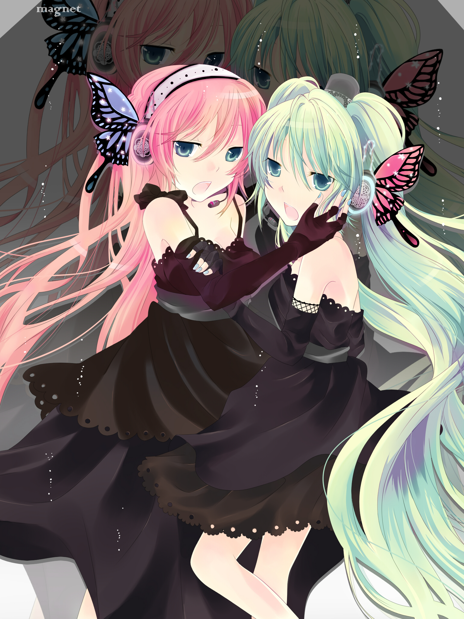 suzu (pixiv434527), hatsune miku, megurine luka, magnet (vocaloid), vocaloid, bad id, bad pixiv id, highres, 2girls, aqua eyes, aqua hair, black dress, butterfly wings, dress, elbow gloves, fingerless gloves, gloves, headphones, insect wings, long hair, multiple girls, pink hair, twintails, wings, yuri