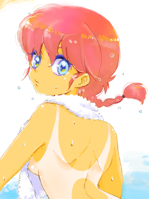 hoshino lala, ranma-chan, saotome ranma, ranma 1/2, 1girl, back, backboob, blue eyes, braid, breasts, female focus, from behind, genderswap, genderswap (mtf), looking at viewer, looking back, medium breasts, multicolored eyes, nude, one-piece tan, red hair, simple background, solo, tan, tanline, topless frame, towel, towel around neck, upper body, water drop, wet, white background