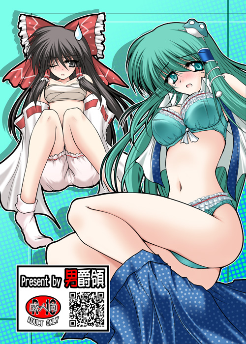 danshaku, hakurei reimu, kochiya sanae, touhou, 2girls, ass, bloomers, bra, breasts, cover, female focus, lingerie, multiple girls, panties, sarashi, skirt, sweatdrop, underwear