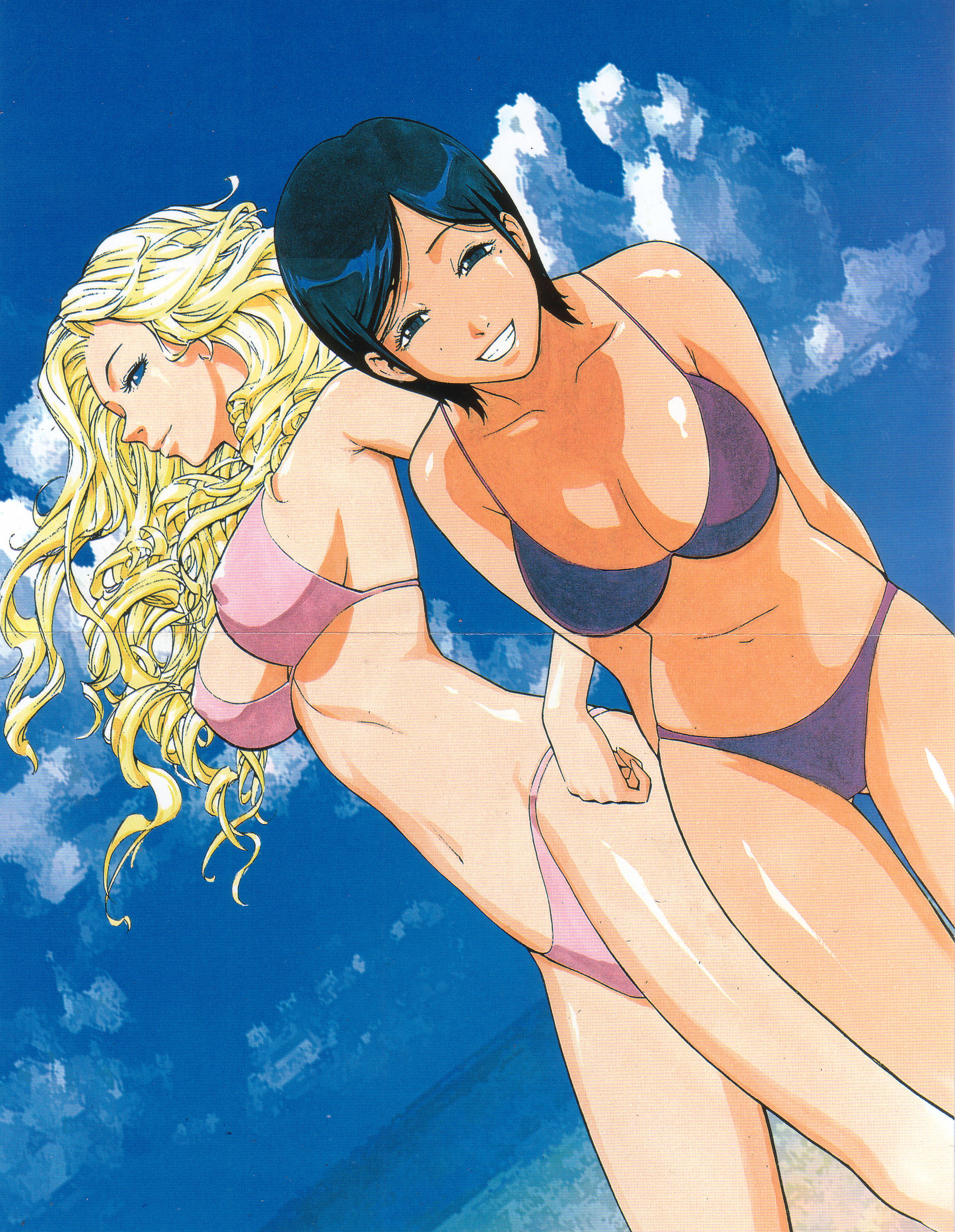 kim dong-hoon, vera linus, yu shinra, veritas, absurdres, highres, scan, 2girls, beach, bikini, black hair, blonde hair, breasts, crease, day, large breasts, long hair, multiple girls, outdoors, shinra yu, short hair, sky, smile, swimsuit