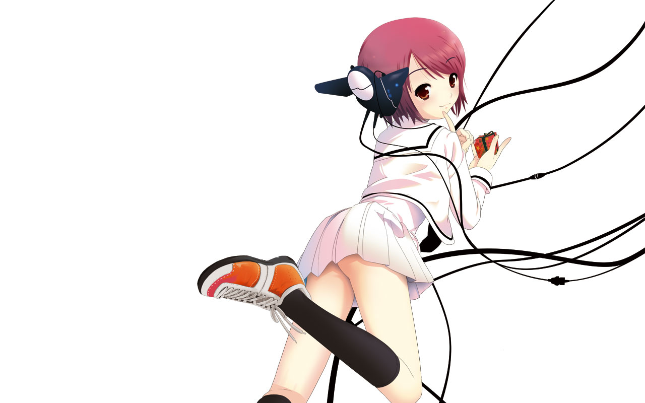 1girl, ass, black socks, cable, female focus, gift, holding, holding gift, kneehighs, pink hair, school uniform, shoes, short hair, skirt, smile, sneakers, socks, solo