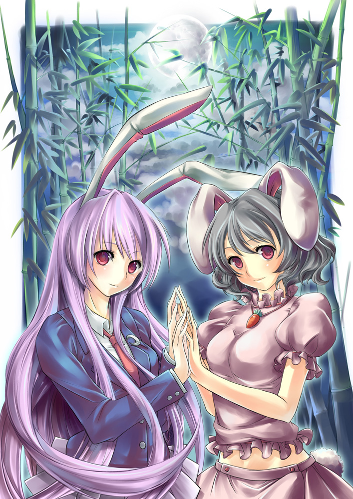 lilithbloody, inaba tewi, reisen udongein inaba, touhou, light purple hair, bad id, bad pixiv id, 2girls, animal ears, bamboo, bamboo forest, black hair, blazer, carrot, crescent, crescent moon, female focus, forest, full moon, jacket, jewelry, long hair, midriff, moon, multiple girls, nature, night, pendant, purple hair, rabbit ears, red eyes, short hair, symmetrical hand pose