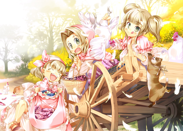 hanpen, original, light brown hair, 3girls, :q, ^ ^, animal, basket, bird, blonde hair, bloomers, blush, brown hair, cart, cat, chicken, child, closed eyes, d:, dress, feathers, frills, green eyes, hair ribbon, multiple girls, open mouth, outdoors, pink dress, ribbon, skirt basket, tongue, tongue out, tree, twintails, underwear