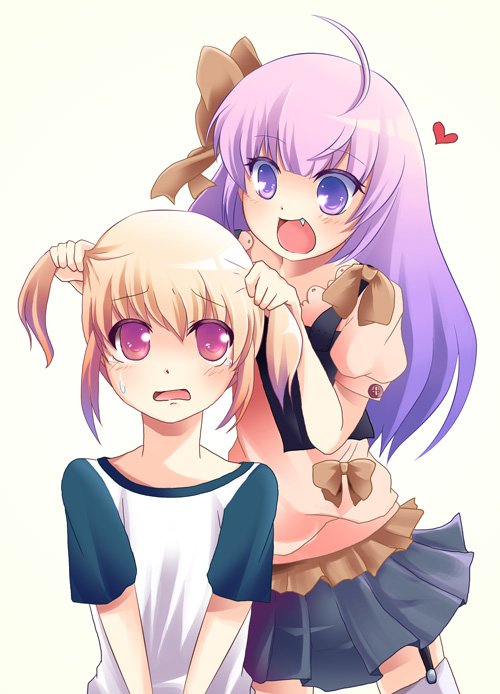 toda ayu, bad id, bad pixiv id, 2girls, blonde hair, blush, bunching hair, child, fang, garter belt, heart, long hair, multiple girls, purple eyes, purple hair, short hair, short twintails, skirt, tears, thighhighs, twintails