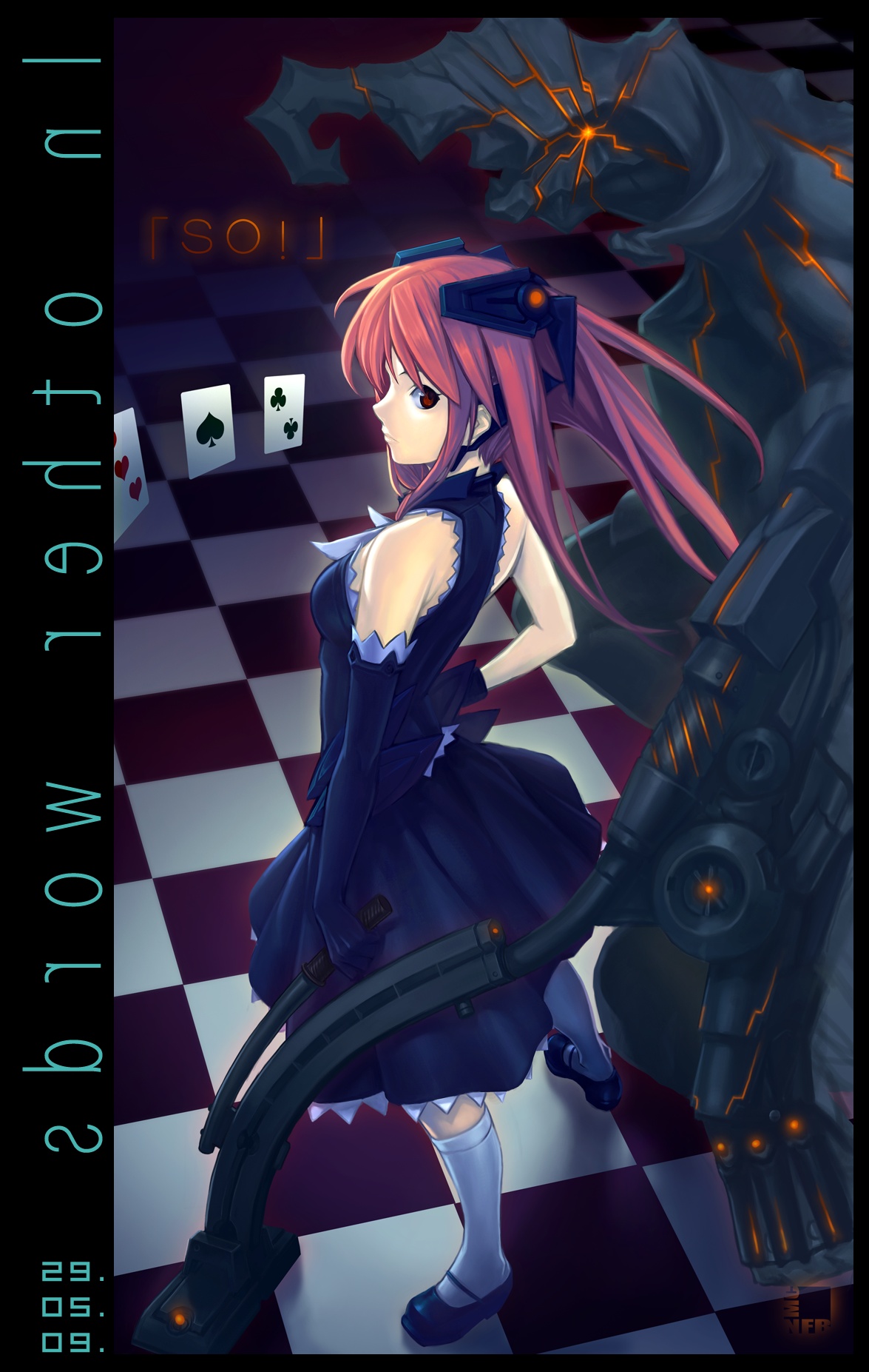 nfb-zmc, original, highres, 1girl, card, dress, elbow gloves, female focus, floating card, gloves, looking back, mirrored text, profile, red eyes, red hair, socks, solo, steam cleaner