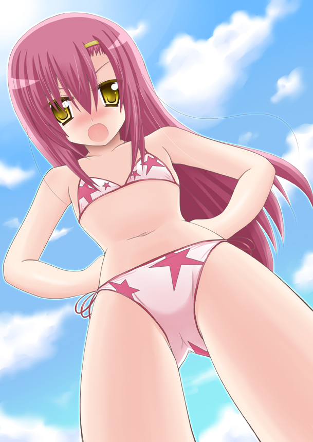 hitsuki miyu, katsura hinagiku, hayate no gotoku!, bad id, bad pixiv id, 00s, 1girl, bikini, day, female focus, flat chest, from below, hairband, hands on own hips, long hair, pink bikini, pink hair, solo, swimsuit, yellow eyes
