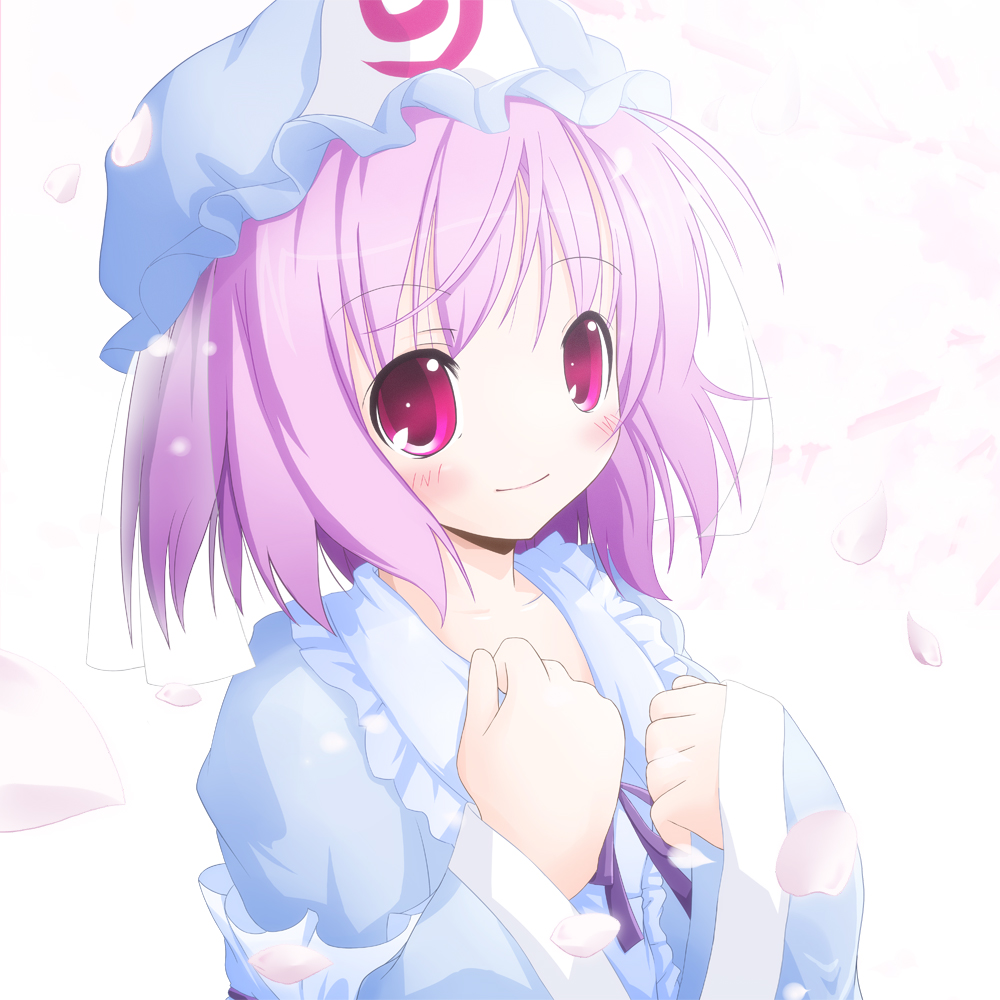 altivr, kanzaki sora, saigyouji yuyuko, touhou, 1girl, blush, female focus, hat, japanese clothes, kimono, no nose, petals, pink hair, red eyes, ribbon, short hair, smile, solo, upper body