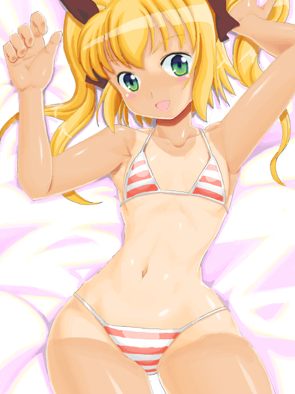 zouzou, minazuki haruka (twin angel), kaitou tenshi twin angel, twin angel, 10s, 1girl, :d, armpits, arms up, bikini, blonde hair, blush, breasts, female focus, flat chest, green eyes, hip focus, long hair, looking at viewer, lying, navel, on back, one-piece tan, open mouth, shiny skin, small breasts, smile, solo, striped bikini, striped clothes, swimsuit, tan, tanline, twintails, wide hips