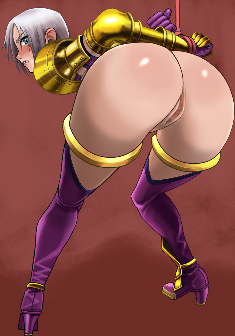 isabella valentine, soul calibur, soulcalibur, soulcalibur ii, soulcalibur iv, highres, long image, tall image, 1girl, aqua eyes, armor, arms behind back, ass, ass focus, bdsm, bent over, blush, body blush, bondage, boots, bottomless, bound, bound wrists, brown background, censored, clenched hands, female focus, foreshortening, from behind, frown, full body, gauntlets, gloves, green eyes, high heel boots, high heels, leaning forward, legs, looking at viewer, looking back, nose, parted lips, profile, purple gloves, purple thighhighs, pussy, rope, short hair, simple background, solo, standing, suspension, thigh boots, thighhighs, thighs, white hair