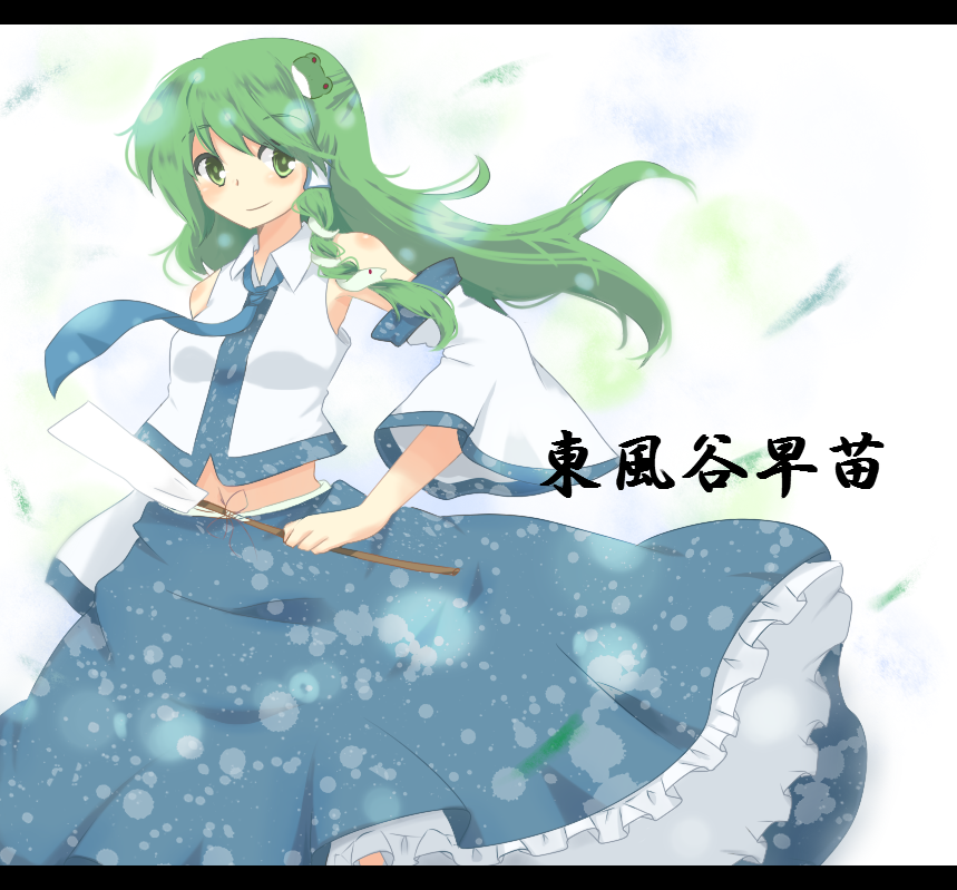 kodamari, kochiya sanae, touhou, bad id, bad pixiv id, 1girl, blush, detached sleeves, female focus, frog, green eyes, green hair, japanese clothes, letterboxed, long hair, miko, snake, solo, standing, white background