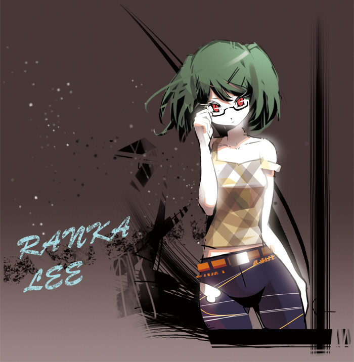 ddal, ranka lee, macross, macross frontier, bad id, bad pixiv id, 00s, 1girl, adjusting eyewear, alternate costume, bare shoulders, belt, bespectacled, collarbone, contemporary, female focus, glasses, green hair, hair ornament, hairclip, red eyes, short hair, solo, strap slip, twintails