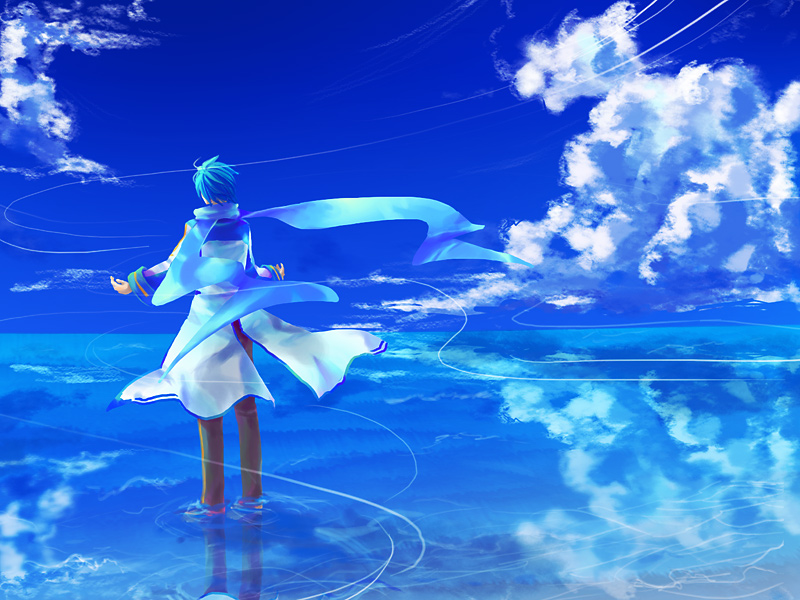k-ko, kaito (vocaloid), vocaloid, bad id, 1boy, blue hair, blue scarf, blue theme, cloud, day, male focus, reflection, reflective water, scarf, short hair, sky, solo, standing, standing on liquid, water, water world, wind