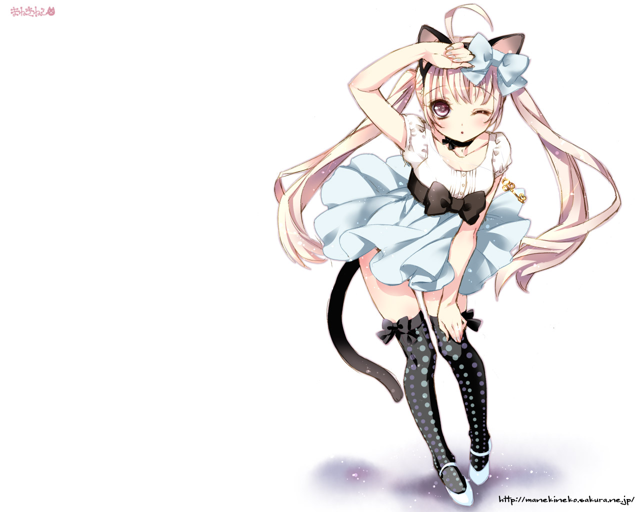 kamiya maneki, original, hand on thigh, polka dot legwear, 00s, 1girl, 2009, ;o, ahoge, animal ears, arm up, artist name, black thighhighs, blush, bow, cat ears, cat tail, choker, contrapposto, dress, fake animal ears, female focus, fingernails, grey nails, hair bow, hair ornament, hand on own thigh, jewelry, key, leaning forward, long fingernails, long hair, looking at viewer, mary janes, nail polish, necklace, one eye closed, open mouth, patterned legwear, pendant, pink eyes, pink hair, polka dot, puffy sleeves, purple eyes, shiny skin, shoes, simple background, skirt, solo, standing, straight hair, tail, thighhighs, twintails, very long hair, watermark, web address, white background, wince, wink, zettai ryouiki