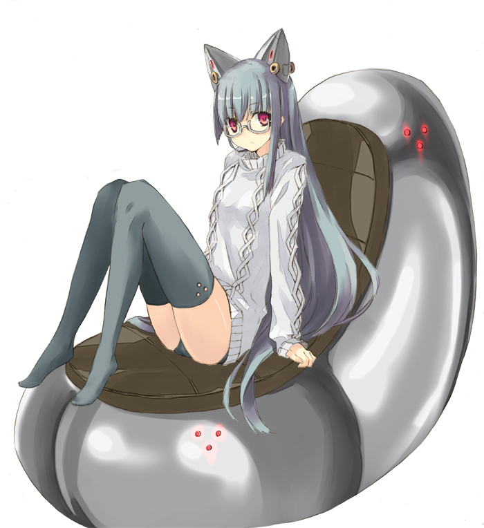 nabeshima tetsuhiro, original, animal ears, black hair, glasses, long hair, red eyes, sitting, sweater, thighhighs, very long hair