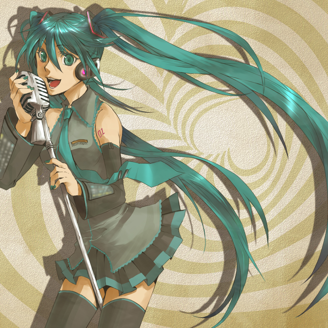 rioko, hatsune miku, vocaloid, bad id, bad pixiv id, 1girl, detached sleeves, female focus, green eyes, green hair, green nails, headset, long hair, matching hair/eyes, microphone, microphone stand, music, nail polish, necktie, singing, skirt, solo, thighhighs, twintails, very long hair, zettai ryouiki