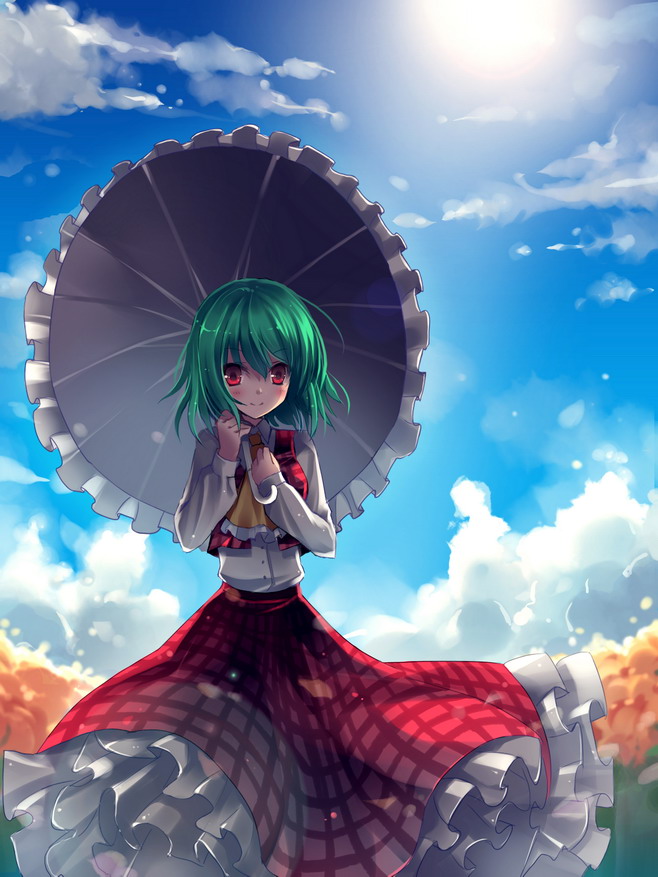 rie (reverie), kazami yuuka, touhou, 1girl, ascot, blush, clothes lift, cloud, day, female focus, fisheye, green hair, parasol, plaid clothes, plaid skirt, plaid vest, red eyes, short hair, skirt, skirt lift, skirt set, sky, smile, solo, sun, umbrella, vest, wind